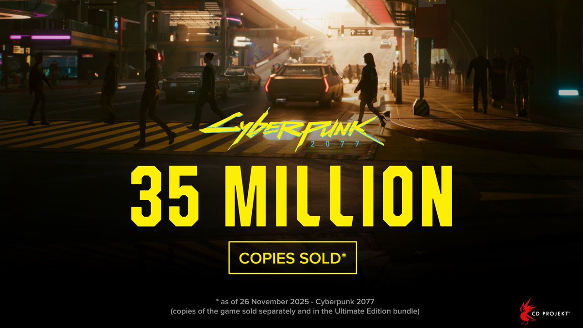 OFFICIEL : Cyberpunk 2077 a passé la barre des 35 MILLIONS de copies vendues depuis sa sortie en Décembre 2020 

*chiffres arrêtés au 26 Novembre 2025 donc aujourd’hui même 

*nombre qui comprend les copies uniques et celles dans l’Ultimate Édition de Cyberpunk 2077