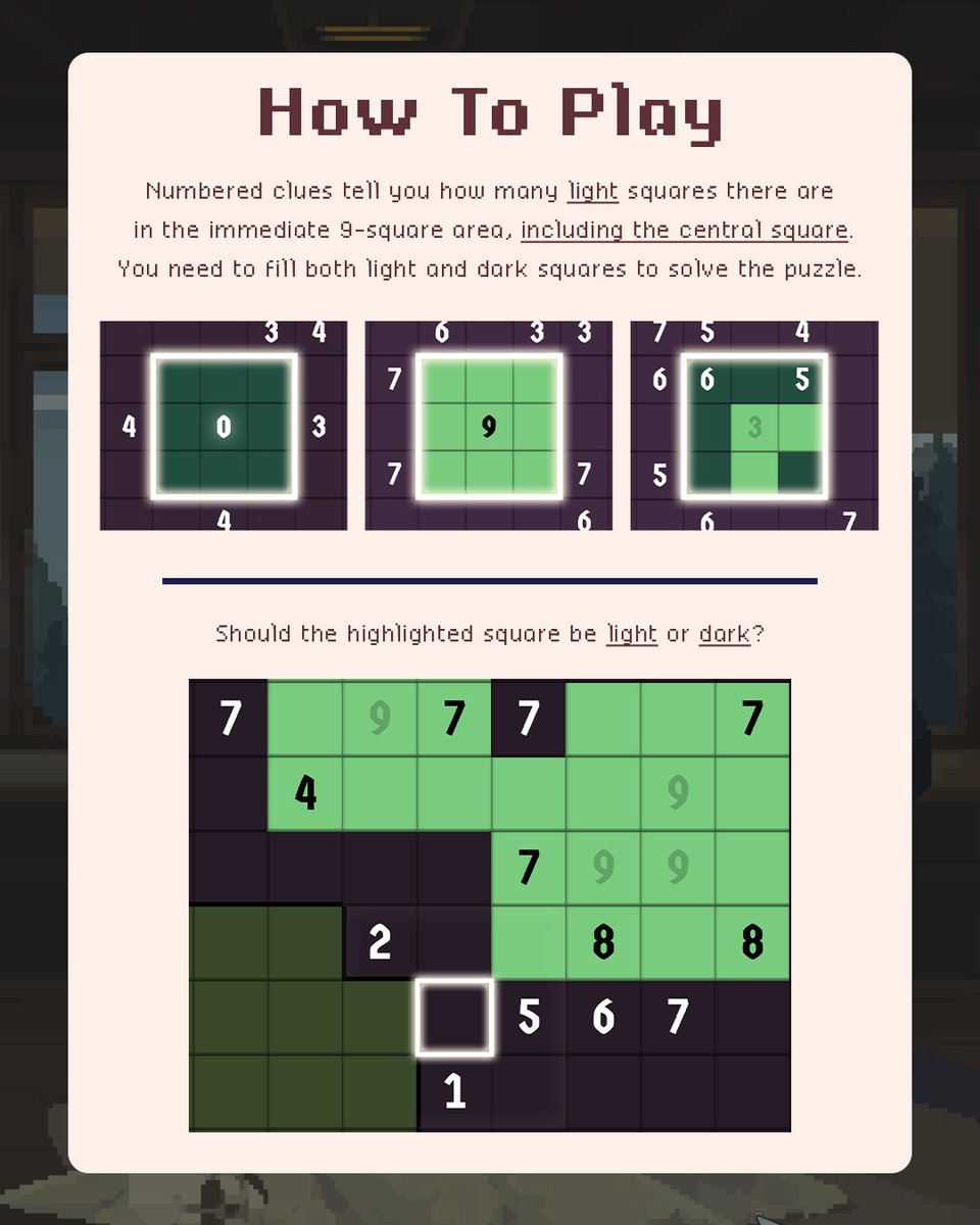 divide_plunder's tweet image. Have a thoughtful Thursday with another #puzzle! 🧠

For newcomers: check the rules at the top of the image, and see if you can figure out whether the highlighted square should be light or dark. Can you work it out?

#indiedev #gamedev #indiegame #puzzlegame