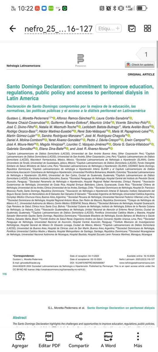 La Declaración de Santo Domingo destaca los desafíos y las oportunidades para mejorar la educación, las normativas, las 
políticas públicas y el acceso a la diálisis peritoneal (DP) en Latinoamérica. nefrologialatinoamericana.com/frame_eng.php?…