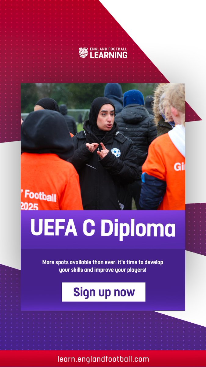 EnglandLearning's tweet image. Turn passion into practice.

The UEFA C Diploma blends theory with hands-on experience to help you coach with confidence.

⚽ Don’t wait, enroll today!

➡️ Click the link to join.

bit.ly/UEFAC