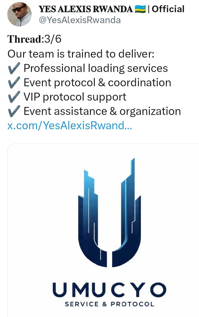 YesRwanda_'s tweet photo. 3/5
Our services:
๐ Event support & coordination
๐ Professional loading services
๐ค Protocol & guest management
We ensure your event flows smoothly, impressing everyone.
#EventSupport #LoadingServices #ProtocolExperts #RwandaEvents #EventSuccess
https://t.co/WqtwpKhOkg https://t.co/khcE6YyAFf