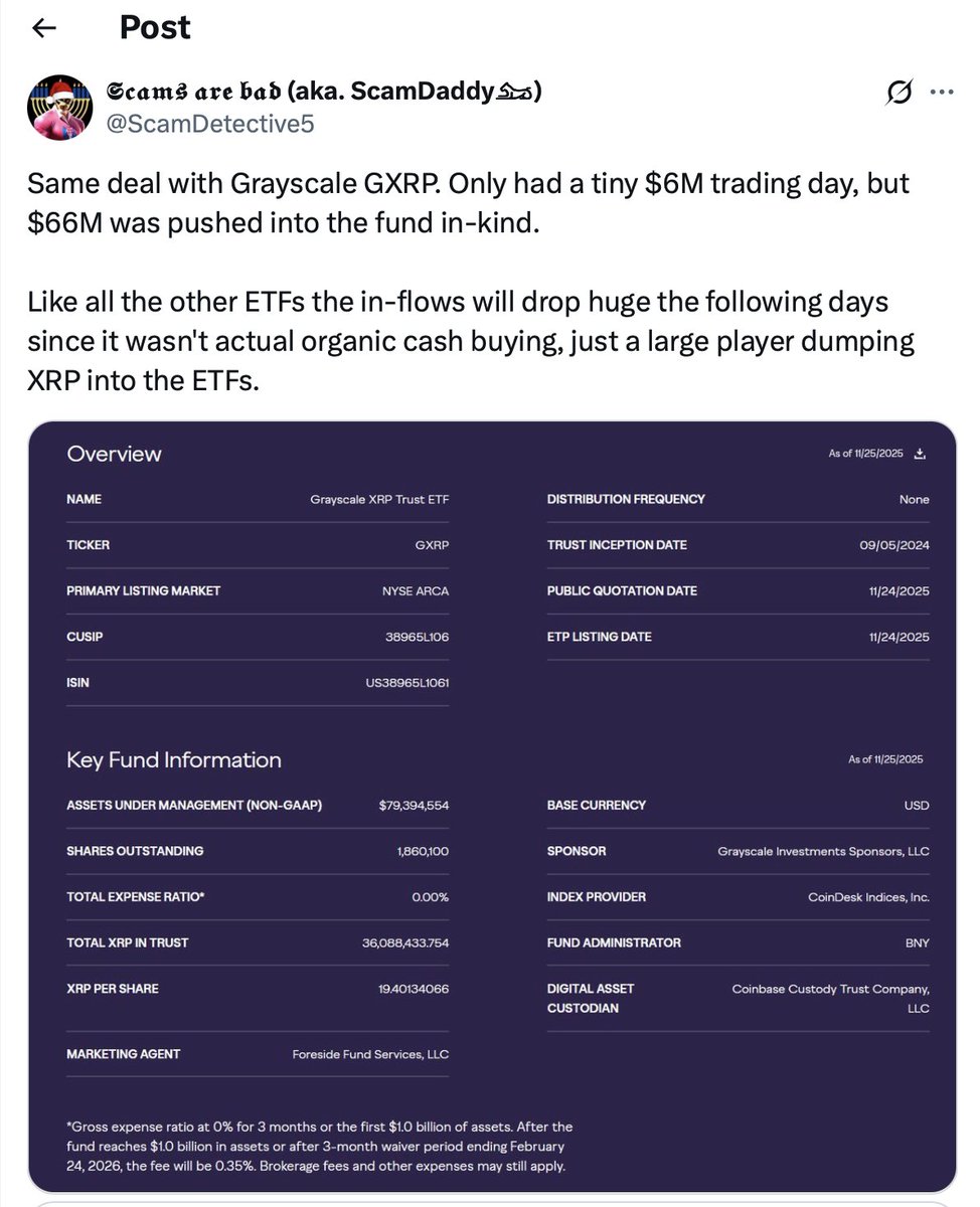 SugarXRPL's tweet image. Another classic example of how people take &quot;facts&quot; and spin it to a desired narrative and inferences that they want you to draw: 

Scams is conflating 3 completely different things and drawing a spooky conclusion from normal ETF plumbing.

1.  “Low trading volume vs big inflows”…