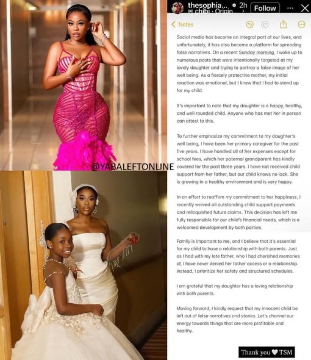 Learnfromperryb's tweet image. &quot;I have been her primary caregiver for the past five years. I&apos;ve not received child support from her father&quot; 

~ Sophia Momodu releases statement on alleged narratives about her daughter, Imade.