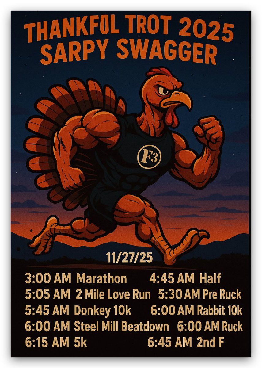 Time to clear your way for all the pies on Thanksgiving afternoon with a Thankful Trot Half tomorrow morning!  Kicking off from <a href="/f3thesandlot/">@F3TheSandlot</a> at 4:45am, we'll have the traditional option and a more flat route for those interested!  See you there!