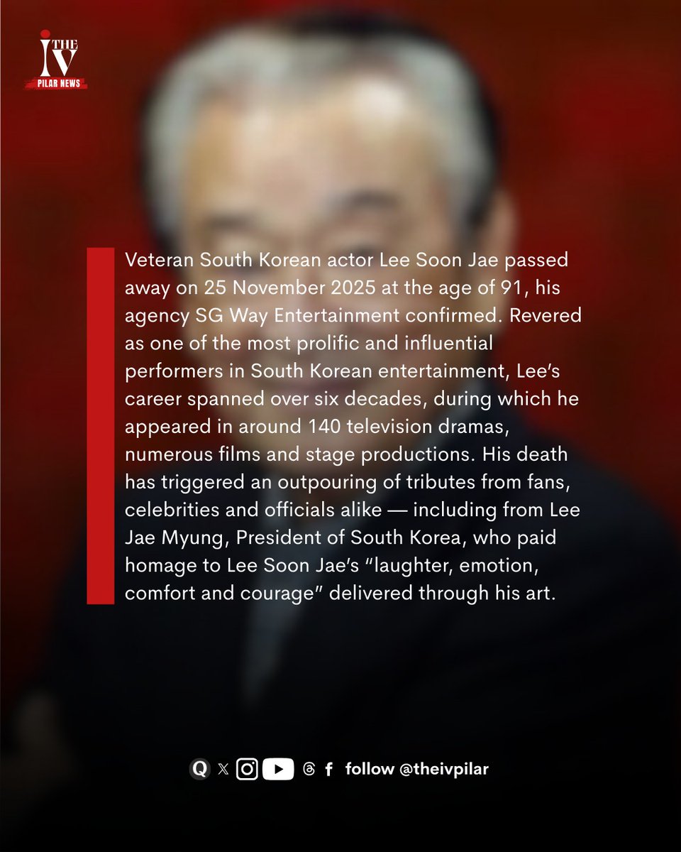 TheIvPilarnews's tweet image. South Korean screen legend Lee Soon Jae dies at 91, after six-decade acting career

Veteran actor’s death marks end of a monumental era in Korean film, television and theatre
.
.
.
.
.
.
#theivpilar #southkorean #screenlegend #leesoonjaie #died #fypage #viral #actingcareer