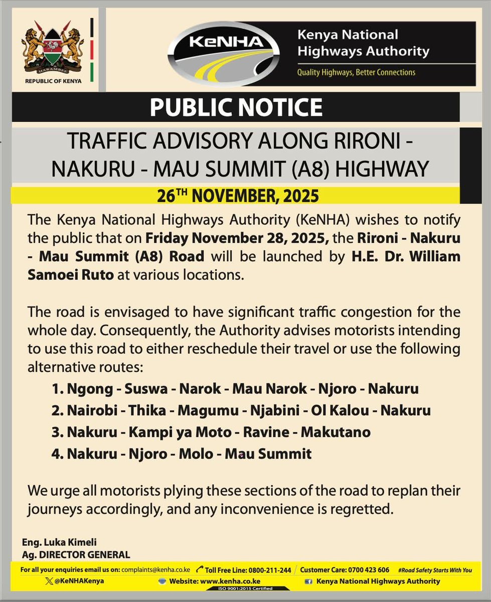 lawrencekitema's tweet image. The Kenya National Highways Authority (KeNHA) has announced traffic disruptions along the Rironi–Mau Summit Highway to pave the way for the launch of the dual carriageway on Friday, November 28, 2025, by President William Ruto.