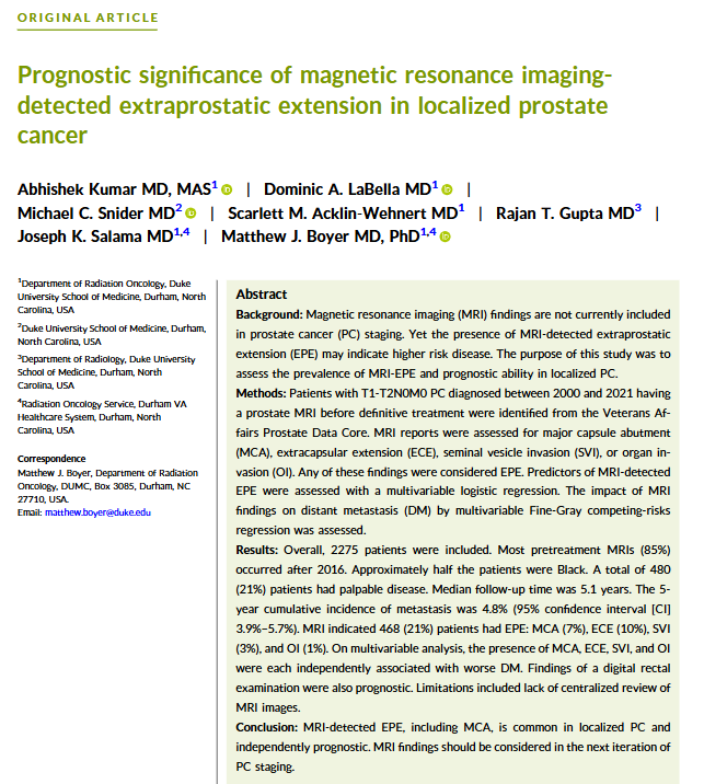 JournalCancer's tweet image. MRI-detected extraprostatic extension, including major capsule abutment, is common in localized #ProstateCancer (PC) and independently prognostic. MRI findings should be considered in the next iteration of PC staging.

acsjournals.onlinelibrary.wiley.com/doi/10.1002/cn…

@OncoAlert #RadOnc #PCSM