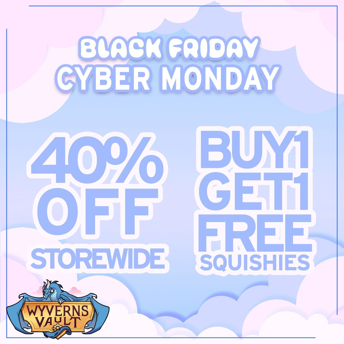 Black Friday is almost here! 

We'll be running a storewide 40% off sale this Friday, November 28th at 12AM CST! 
Squishies will also be Buy 1 Get 1 Free during this time, and the sale will carry on through Monday and end on Dec 1st at 10PM CST!

Keep an eye out for additional
