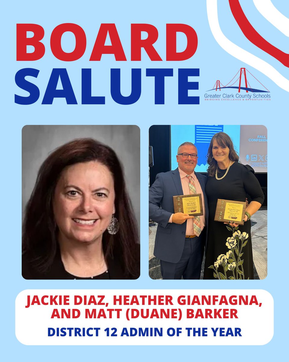 GCCSchools's tweet image. 🚨 Board Salute Alert! 🚨

Congrats to Franklin Square Principal Jackie Diaz, Parkview Middle School Principal Heather Gianfagna, and Jeff High Asst. Principal Matt (Duane) Barker, named District 12 Admin of the Year by IASP!

We’re grateful for their outstanding leadership.