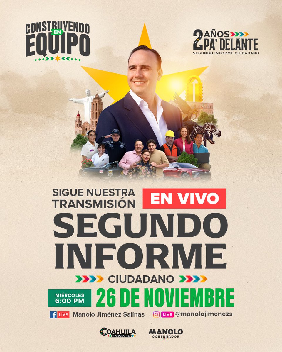 Los invito a seguir  la transmisión de nuestro Segundo Informe Ciudadano a través de mis redes sociales. Desde #LaLaguna estaremos compartiendo los grandes resultados que estamos  #ConstruyendoEnEquipo para bien de Coahuila. (1/2)