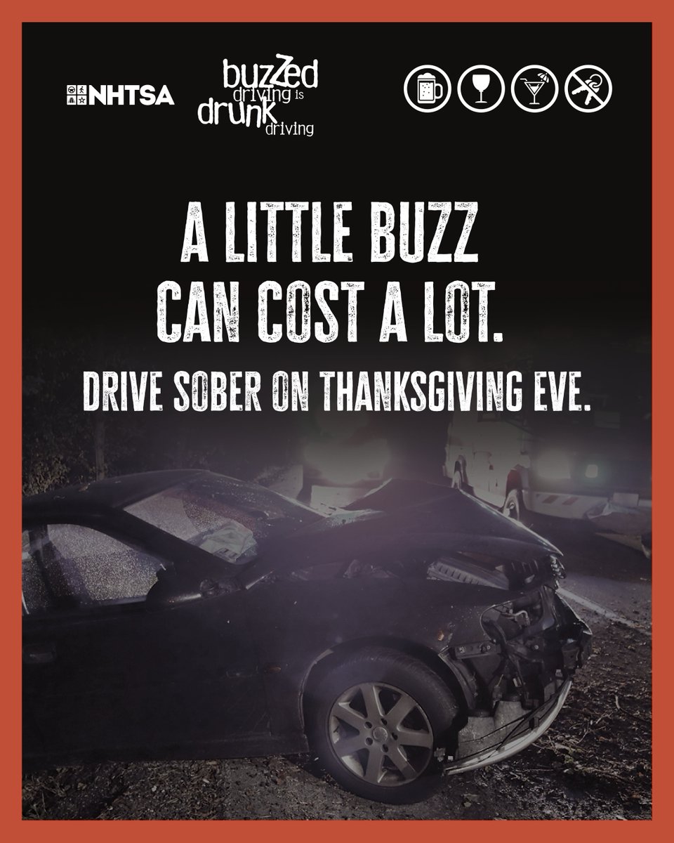 Tomorrow’s the big day! Don’t let your pregame celebrations interfere with your family festivities. 🍻😵‍💫 Plan ahead for a sober ride on Thanksgiving Eve. Buzzed Driving Is Drunk Driving.