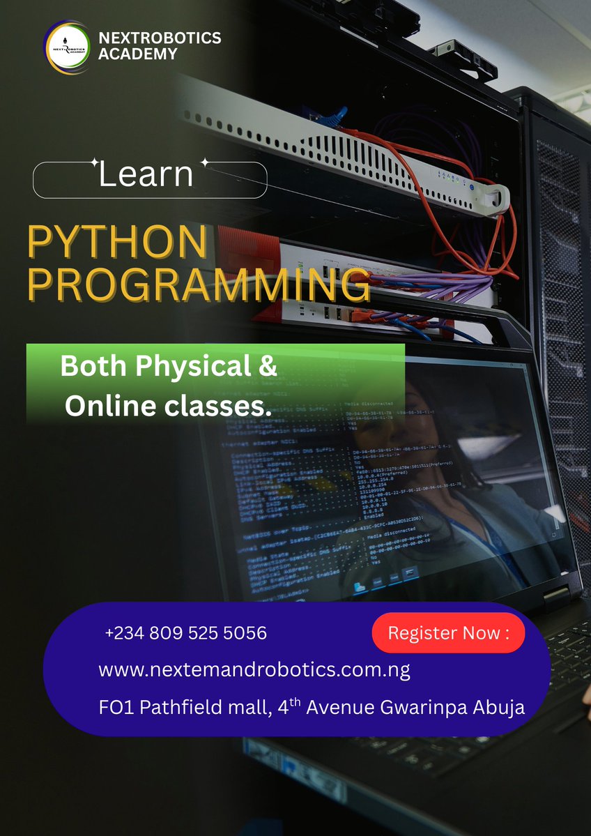 NextRobotics1's tweet image. Ready to start your tech journey or expand your skills with python programming?  Both online and physical classes  available. Enroll now!
#LearnPython #TechSkills #CodeWithUs