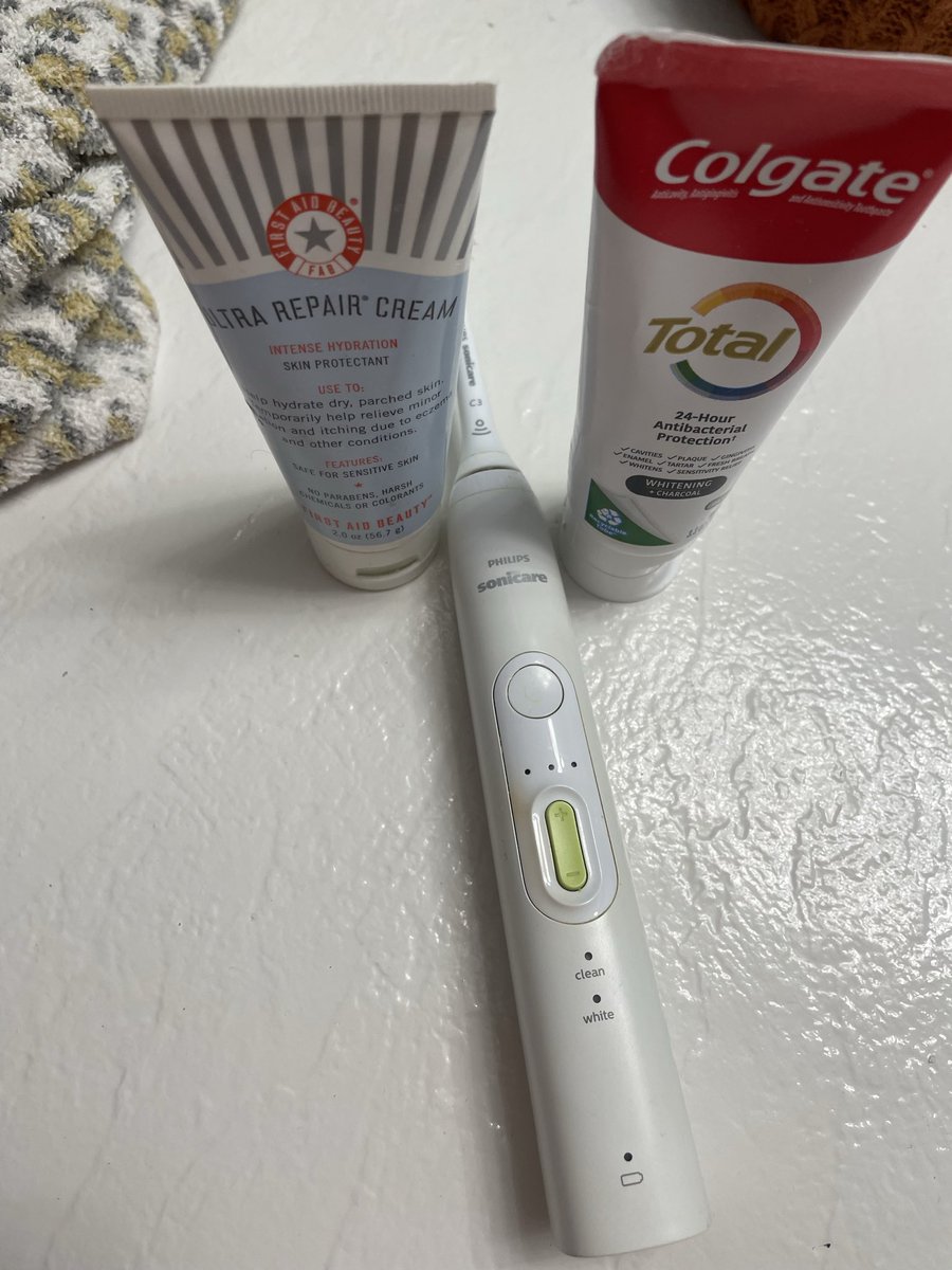 These were both right next to each other. It could’ve been an awful morning.
Toothpaste right next to the first aid beauty cream, whatever that is