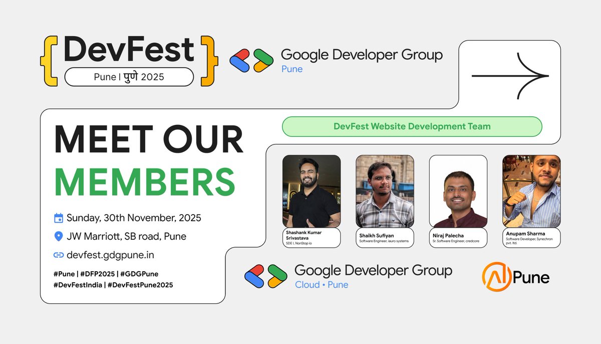 GDGPune's tweet image. Meet our amazing web development team. These leads are the driving force behind our success. 😍
Don&apos;t miss out! 
🔗 devfest.gdgpune.in
#DFP2025 #DevFestPune2025 #Pune #DevFestIndia #GDGPune