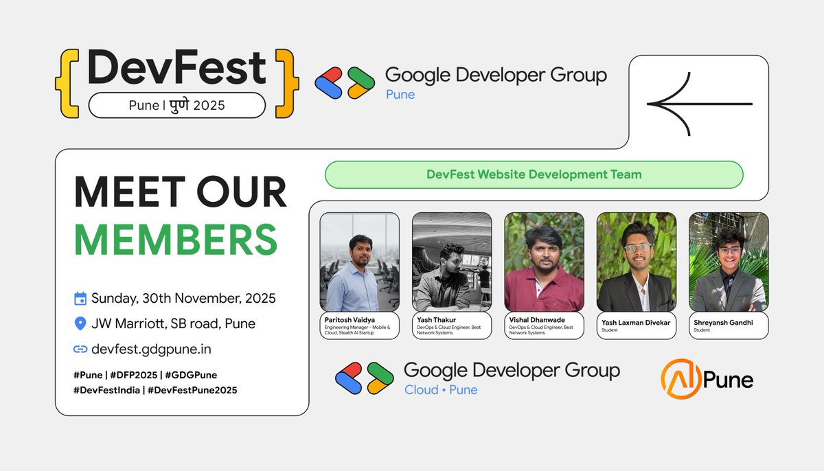 GDGPune's tweet image. Meet our amazing web development team. These leads are the driving force behind our success. 😍
Don&apos;t miss out! 
🔗 devfest.gdgpune.in
#DFP2025 #DevFestPune2025 #Pune #DevFestIndia #GDGPune