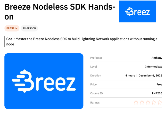 planb_network's tweet image. ⚡ Plan ₿ Academy Live Class 

This masterclass is around the corner!
Join Anthony at @pow_space in Lugano for a hands-on session with the @Breez_Tech Nodeless SDK.

Learn how to build Lightning apps without running a node.

Let’s build some Lightning magic ⚡…