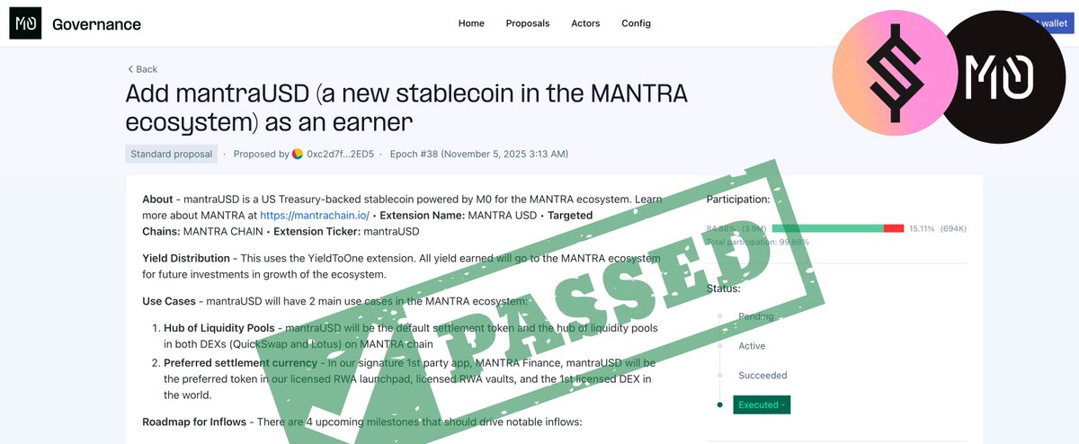 mantraUSD's tweet photo. The $mantraUSD Proposal on @m0 has officially passed and been executed.

Tokens are now in the minting process. 

MANTRA🤝M0 https://t.co/5Ml3SrGiW3