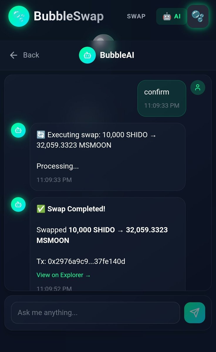 Trading on a DEX is no longer complicated. 
BubbleAi - Ai agents handle everything for you.
Just give the command, and the AI executes instantly.
app.bubbleswap.io