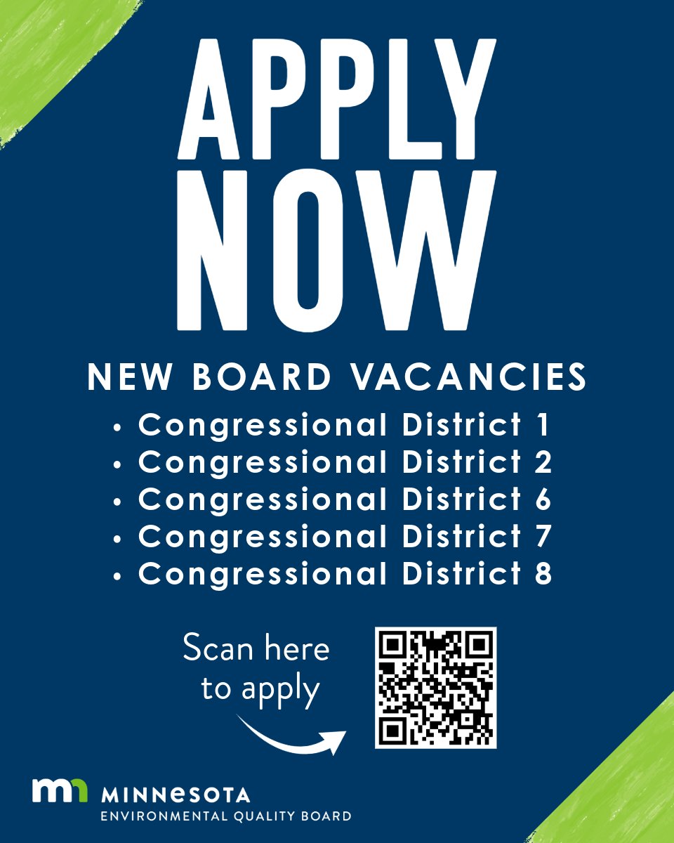 Interested in joining our board? Applications for members from Minnesota's 1st, 2nd, 6th, 7th, and 8th Congressional Districts are now open. For more information, you can scan the QR code or visit our website: eqb.state.mn.us/about-us/open-…