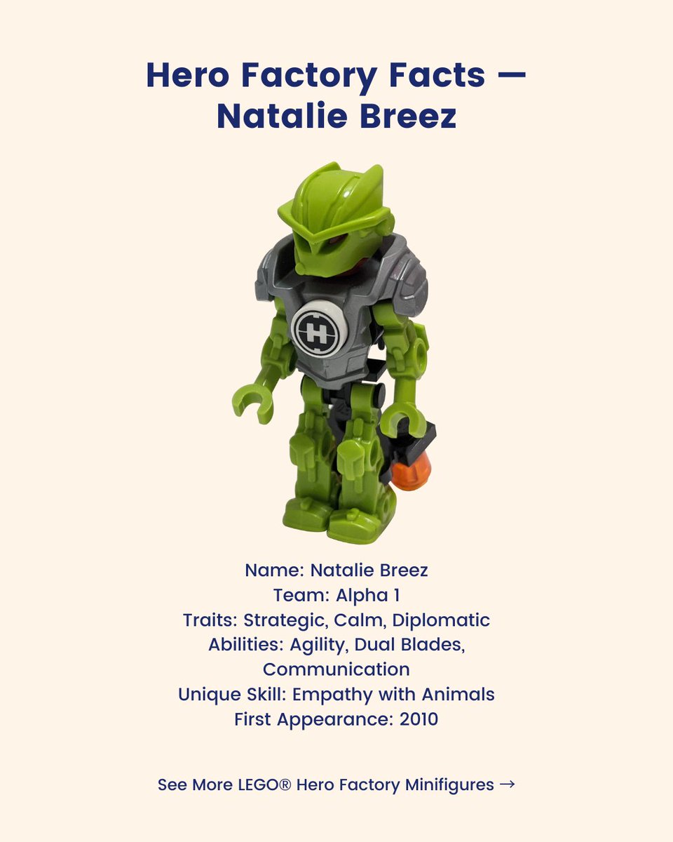 urbitrend's tweet image. Meet Natalie Breez — the strategic, calm member of Hero Factory’s Alpha 1 Team.
Agile, diplomatic, and famous for her unique ability to communicate with animals.
One of the most underrated heroes in the line.

Shop the Breez mini figure: link in bio

#HeroFactory #Breez