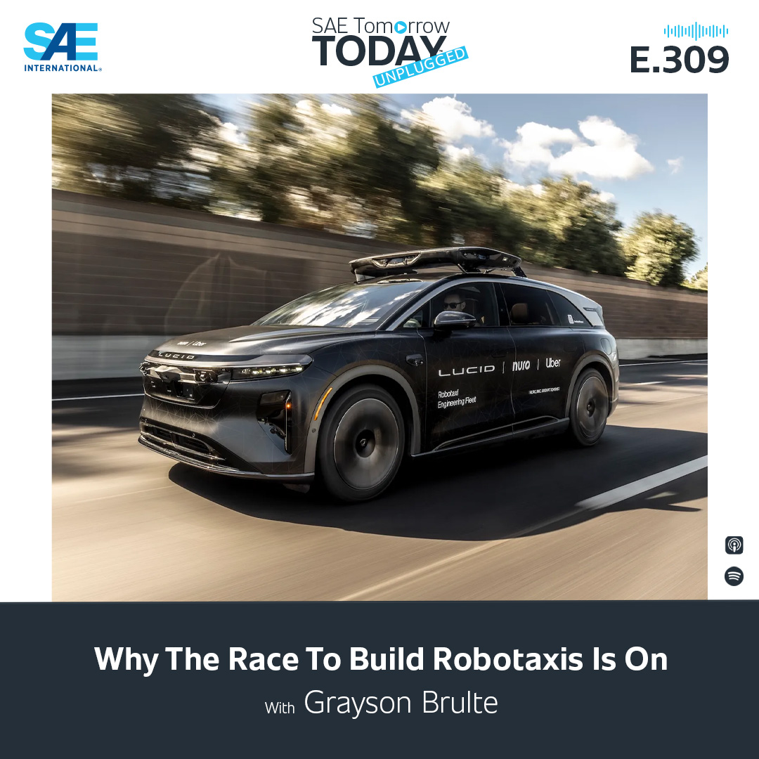 SAEIntl's tweet image. Robotaxis are booming … but there aren’t enough vehicles to meet demand. 

Tune in to #SAETomorrowToday Unplugged with @gbrulte to learn why automakers are racing to build #robotaxis — and why they could become a lifeline for #EV makers. sae.to/3XXJaoJ