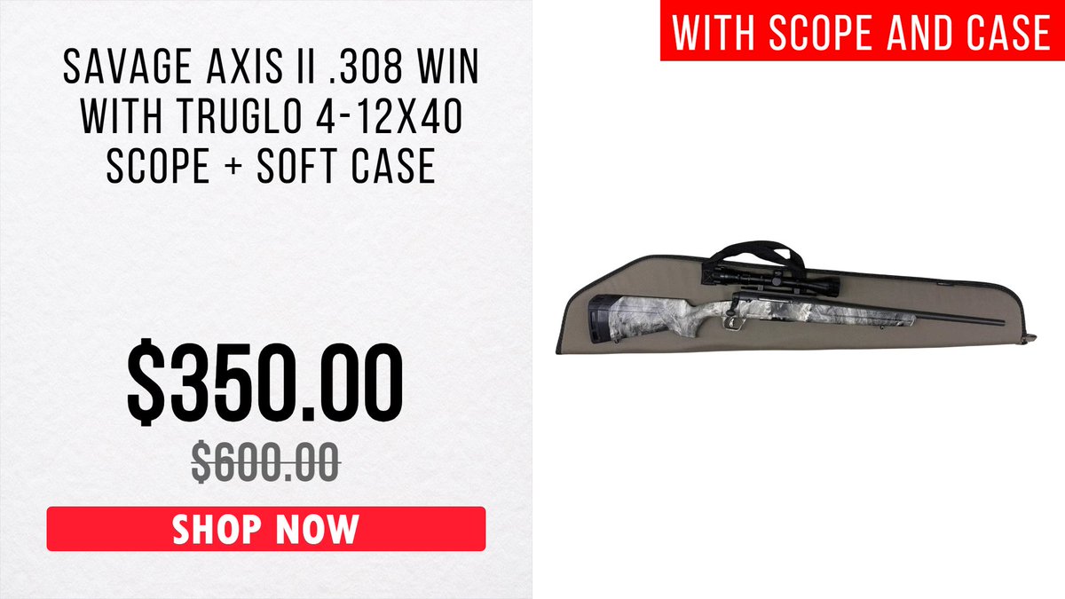 gradysoutdoors's tweet photo. Cyber Monday deals are live now!

Savage Axis II .308 WIN With Scope &amp; Soft Case
WAS $600
NOW $350

TODAY ONLY! https://t.co/rHQpTKympg