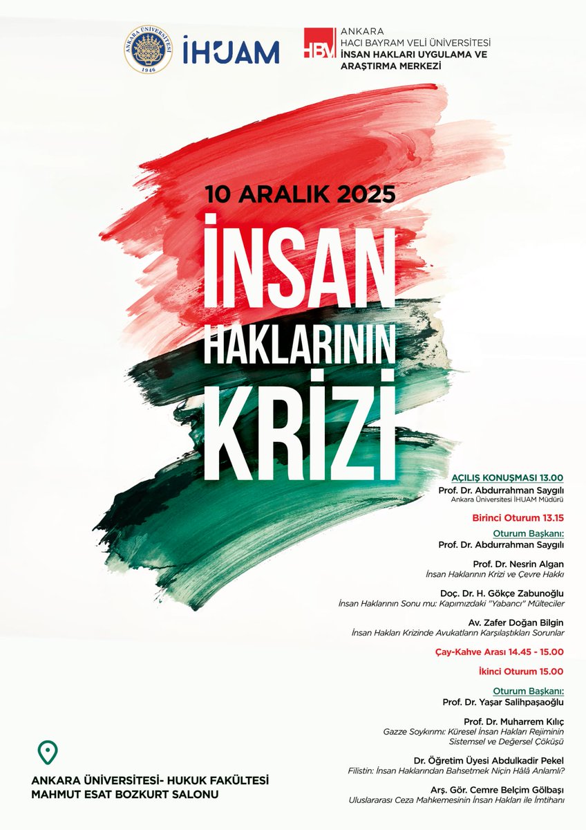 Bu yıl 10 Aralık İnsan Hakları Günü kapsamında, insan haklarının farklı alanlarda karşı karşıya kaldığı güncel sorunları tartışmak üzere düzenlenen “İnsan Haklarının Krizi” başlıklı panelimiz Ankara Üniversitesi Hukuk Fakültesi Mahmut Esat Bozkurt Salonu’nda gerçekleştirilecektir