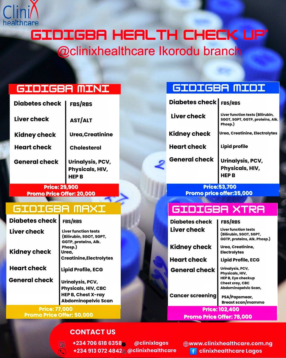 clinixlagos's tweet image. Clinix Healthcare is now offering discounted healthcare packages from our Headquarter in Ilupeju across some other branches. 

Contact us
WhatsApp: +234 706 618 6358

#healthcare #clinixhealthcare