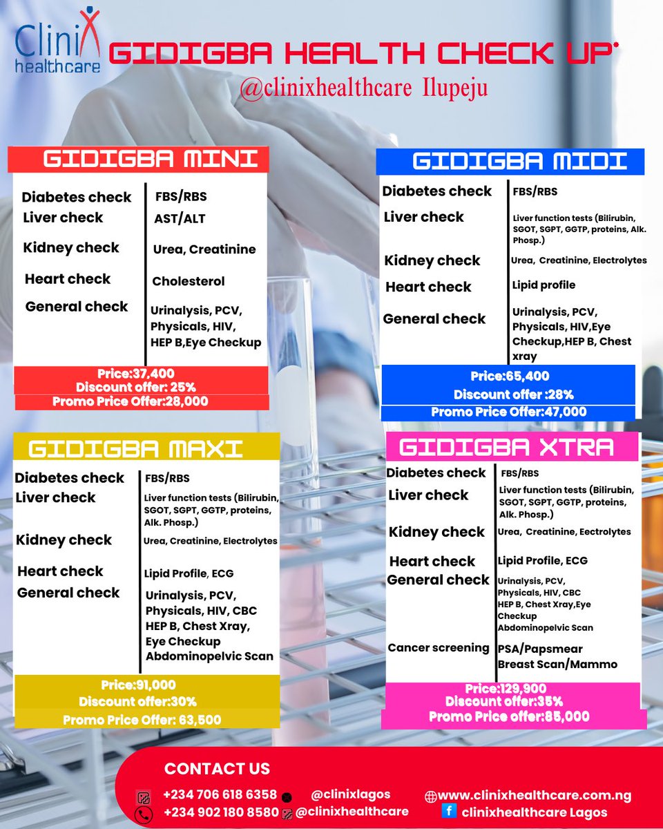 clinixlagos's tweet image. Clinix Healthcare is now offering discounted healthcare packages from our Headquarter in Ilupeju across some other branches. 

Contact us
WhatsApp: +234 706 618 6358

#healthcare #clinixhealthcare