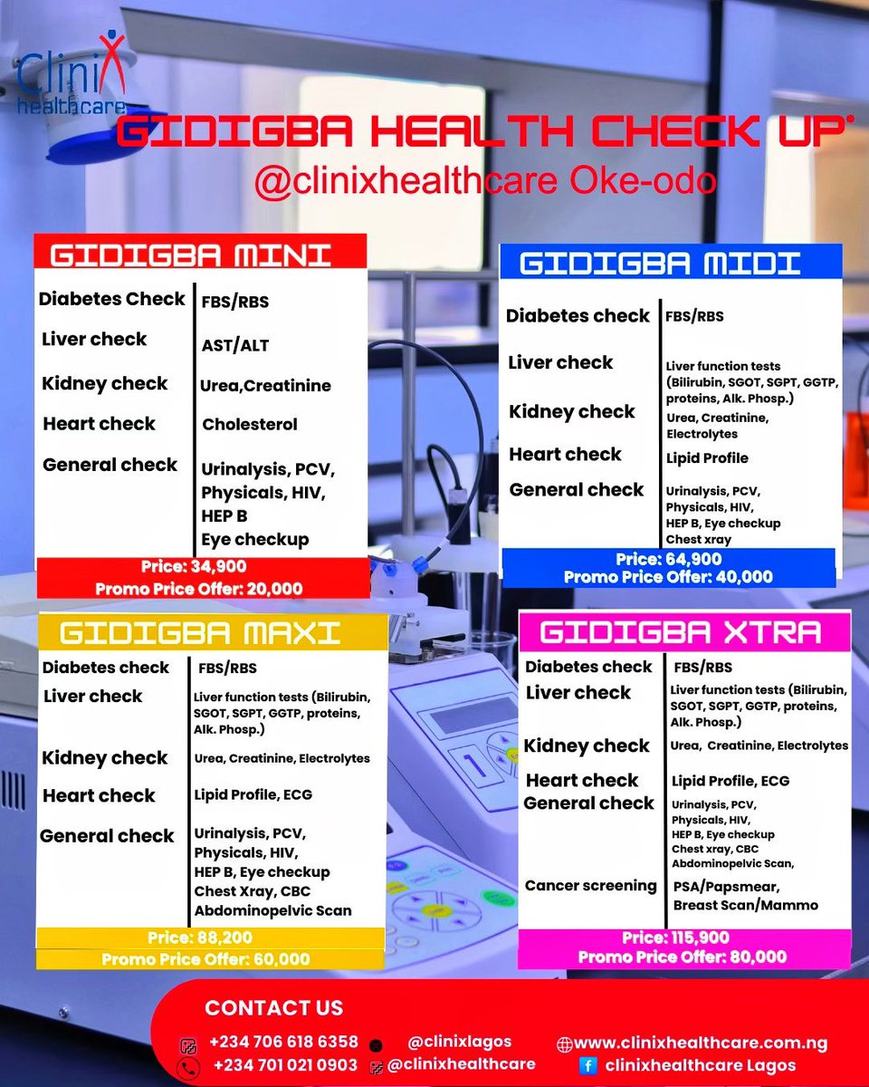 clinixlagos's tweet image. Clinix Healthcare is now offering discounted healthcare packages from our Headquarter in Ilupeju across some other branches. 

Contact us
WhatsApp: +234 706 618 6358

#healthcare #clinixhealthcare