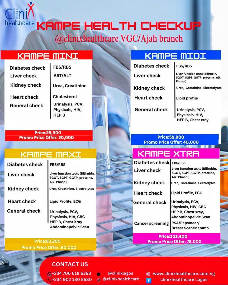 clinixlagos's tweet image. Clinix Healthcare is now offering discounted healthcare packages from our Headquarter in Ilupeju across some other branches. 

Contact us
WhatsApp: +234 706 618 6358

#healthcare #clinixhealthcare