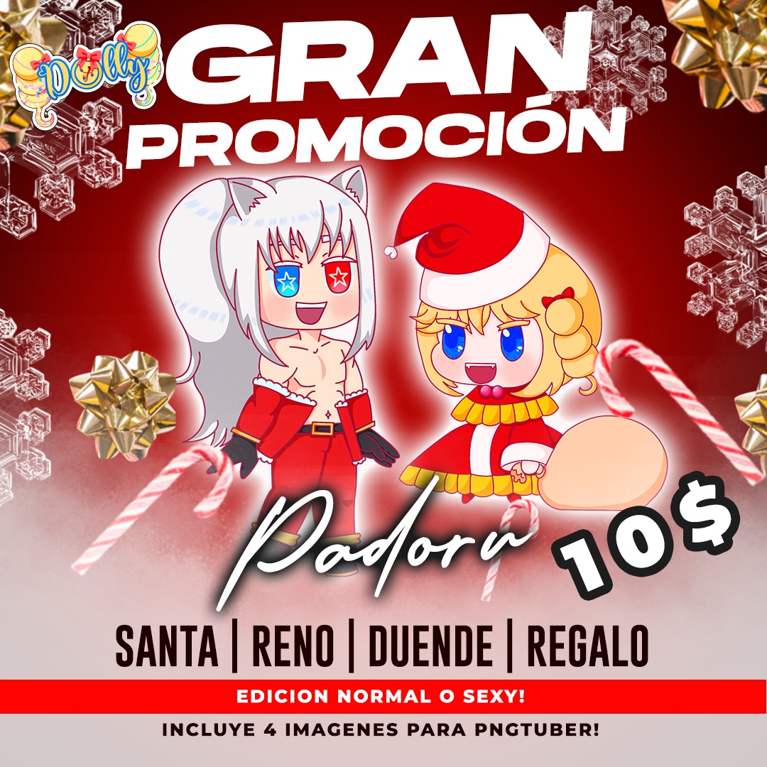 dollyvt_'s tweet image. Se abren comisiones de pngtuber de padoru

A solo $10

Te incluye 4 imágenes png + archivo veadotube mini listo para usar

Diferentes vestimentas a elegir 
•santa, reno, duende y regalo

En versión
•normal o sexy

Informes al Dm o comenta