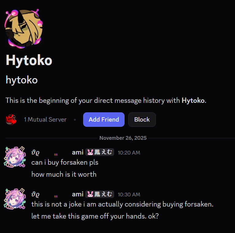 1x1emu's tweet image. guys i just realized that if i wanted to i could buy forsaken. i have the money and time.