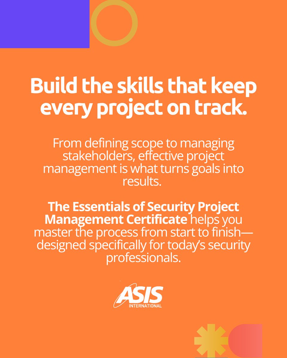 ASIS_Intl's tweet image. Master every phase of #projectmanagement with this self-paced course built for security pros.
Gain real-world skills to plan, communicate, and lead with confidence. bit.ly/49JCnqb
#ASIS #SecurityManagement  #ProfessionalDevelopment #SecurityProfessionals
