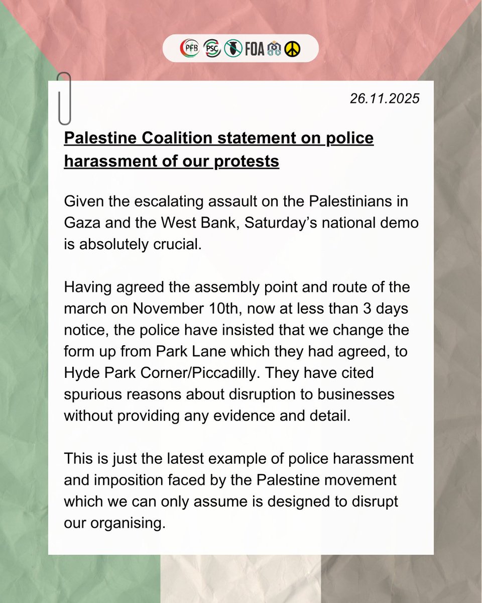 PSCupdates's tweet image. 🚨 Assembly point changed - March for Palestine 
📍Hyde Park Corner Piccadilly 
⏰ 12 Noon - Saturday 29 November

The assembly point for the march for Palestine this Saturday has been changed to Hyde Park Corner (Piccadilly). Join us. 

Full statement here:…