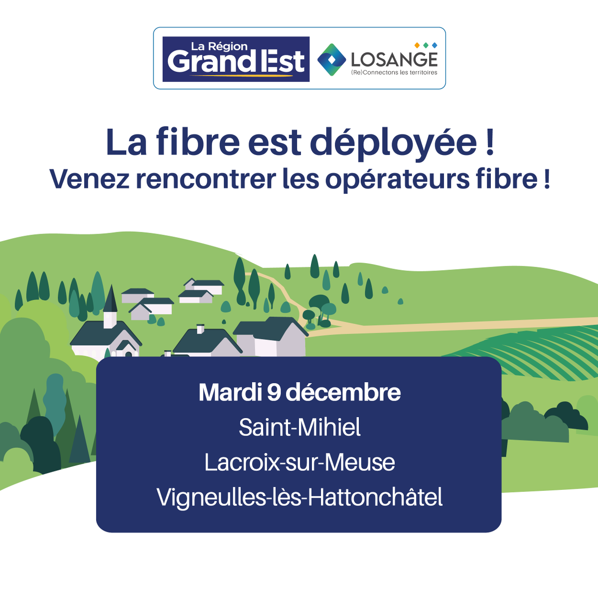 [PERMANENCE OPÉRATEURS] Démarches fibre ? Fin du réseau cuivre (ADSL) ? Posez-nous vos questions lors des permanences opérateurs mardi 9/12

📍9h30 à 12h – Mairie - Saint-Mihiel
📍13h30 à 15h - Mairie - Lacroix-sur-Meuse
📍16h à 18h - Mairie - Vigneulles-lès-Hattonchâtel