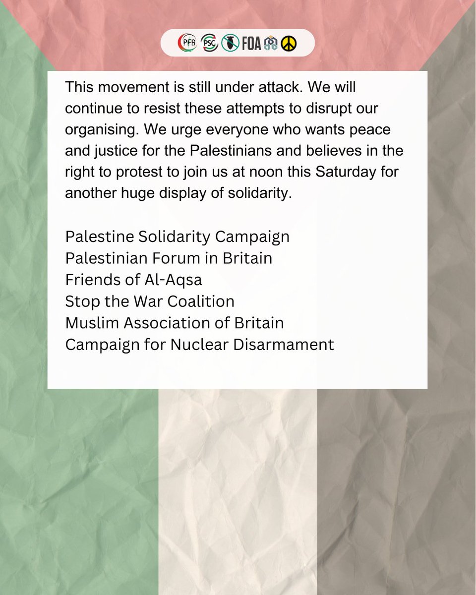 PSCupdates's tweet image. 🚨 Assembly point changed - March for Palestine 
📍Hyde Park Corner Piccadilly 
⏰ 12 Noon - Saturday 29 November

The assembly point for the march for Palestine this Saturday has been changed to Hyde Park Corner (Piccadilly). Join us. 

Full statement here:…