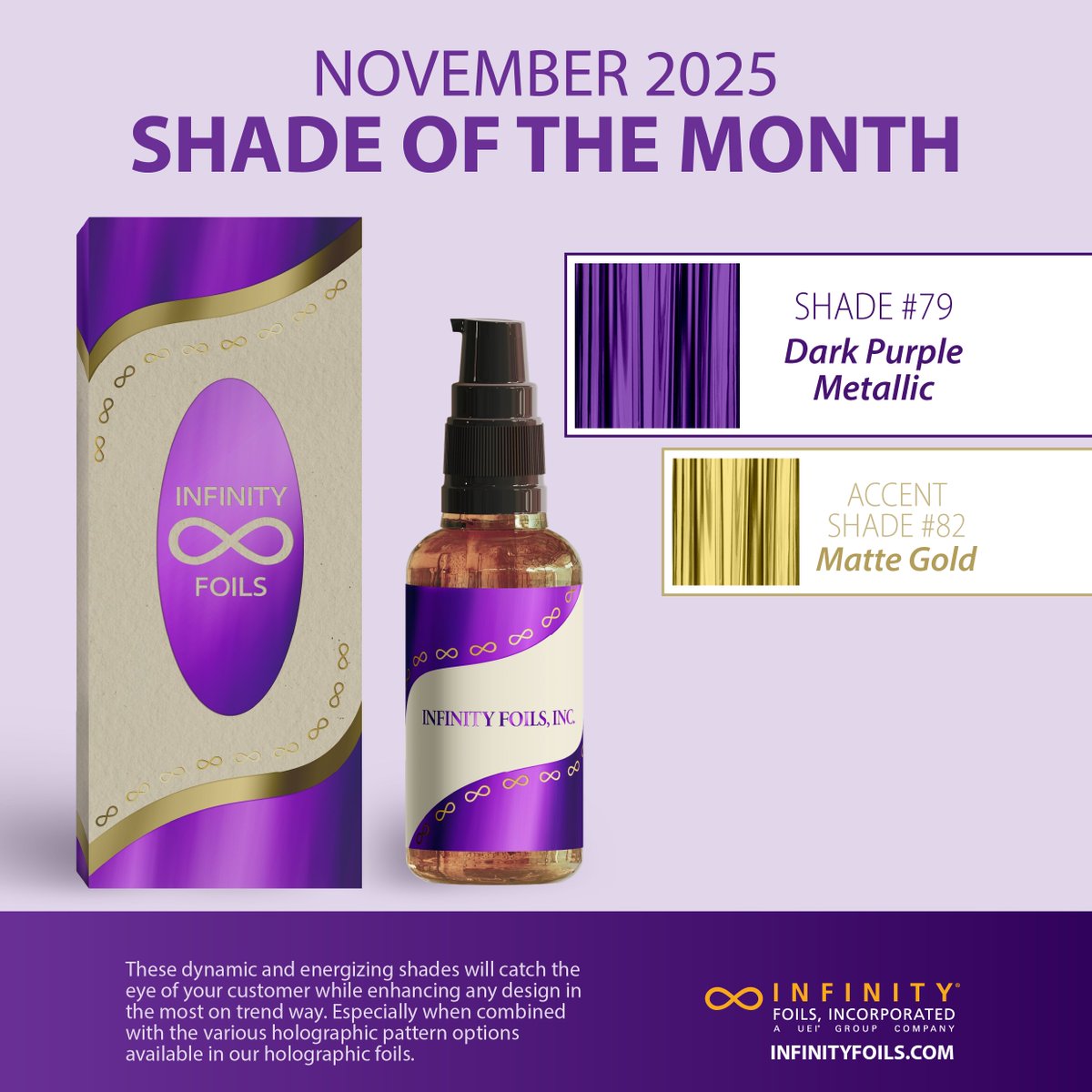 InfinityFoils's tweet photo. Elevate your designs with this transcendent Shade of the Month: Dark Purple Metallic in Shade 79. With an accent of Satin Gold in Shade 82 💜 ✨ Radiating glamour and control, the visual impact of Dark Purple Metallic is undeniable. https://t.co/MRdrGxXzwk