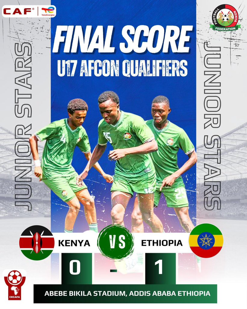 ray_omollo's tweet image. Congratulations to the Junior Stars for securing a place in the U-17 AFCON CECAFA Qualifiers semi-finals. 

Despite a narrow 1–0 loss to Ethiopia U-17, you have shown skill and remarkable teamwork throughout the group stage.

Hold your heads high, keep your focus sharp and carry…