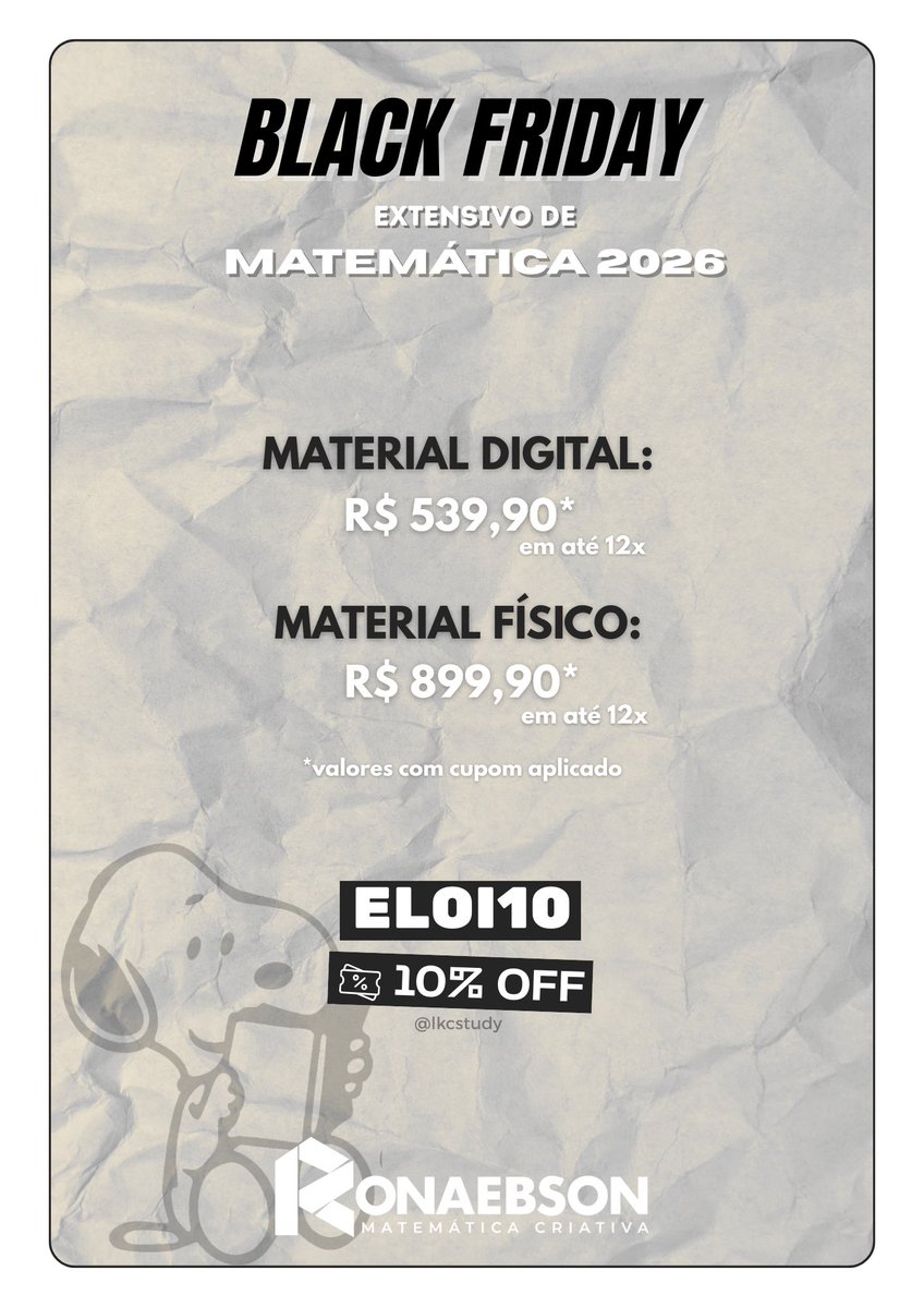gente, lembrando que a black friday do matemática criativa com professor Ronaebson ainda está rolando e vão até o dia 30, mas corram pq as vagas podem acabar antes. Se tiver qualquer dúvida me mande mensagem na Dm