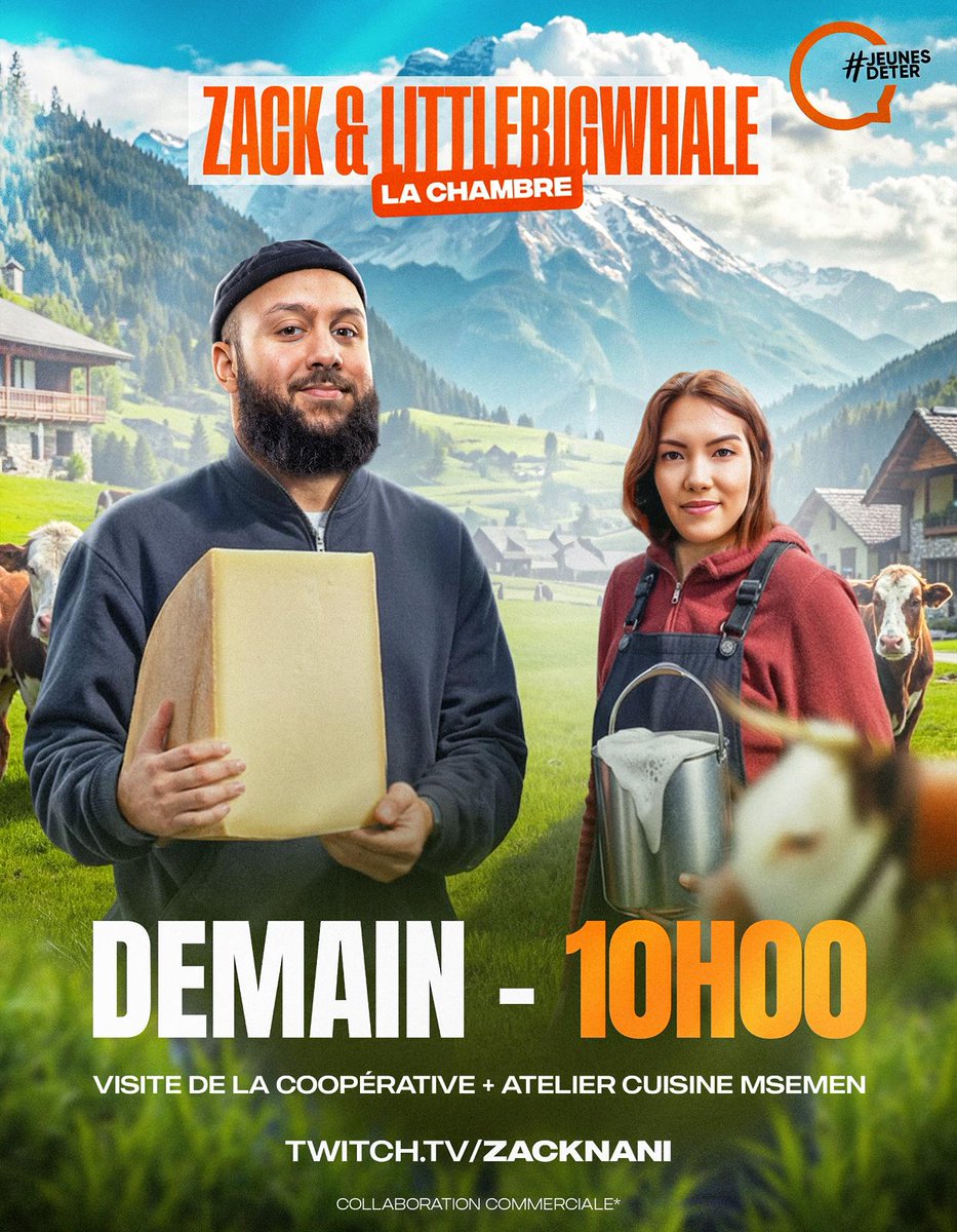 Demain à 10h on se retrouve avec le cher <a href="/Zack_Nani/">Le Grand Zack</a> pour un live qui va vous donner faim !

Dans le cadre de la campagne Jeunes Deter on va visiter une coopérative laitière + faire un atelier cuisine !! 🧀

Publicité #JeunesDeter