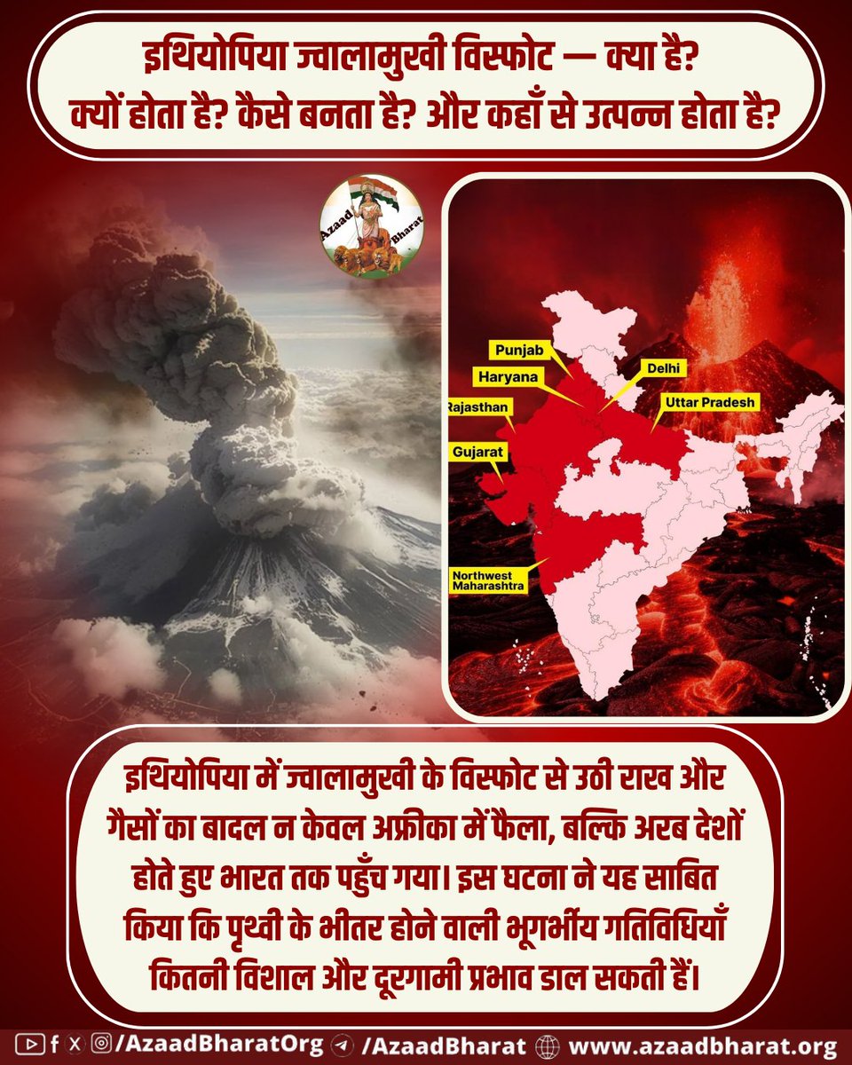 AzaadBharatOrg's tweet photo. इथियोपिया ज्वालामुखी का विस्फोट हमें याद दिलाता है कि पृथ्वी निरंतर परिवर्तनशील है — और ज्वालामुखी जैसी भूवैज्ञानिक घटनाएँ लाखों किलोमीटर दूर तक प्रभाव डाल सकती हैं।
पूरी पोस्ट पढ़ें 👉🏻 https://t.co/cPeb3t1DEp https://t.co/dbJgL4B6g6
