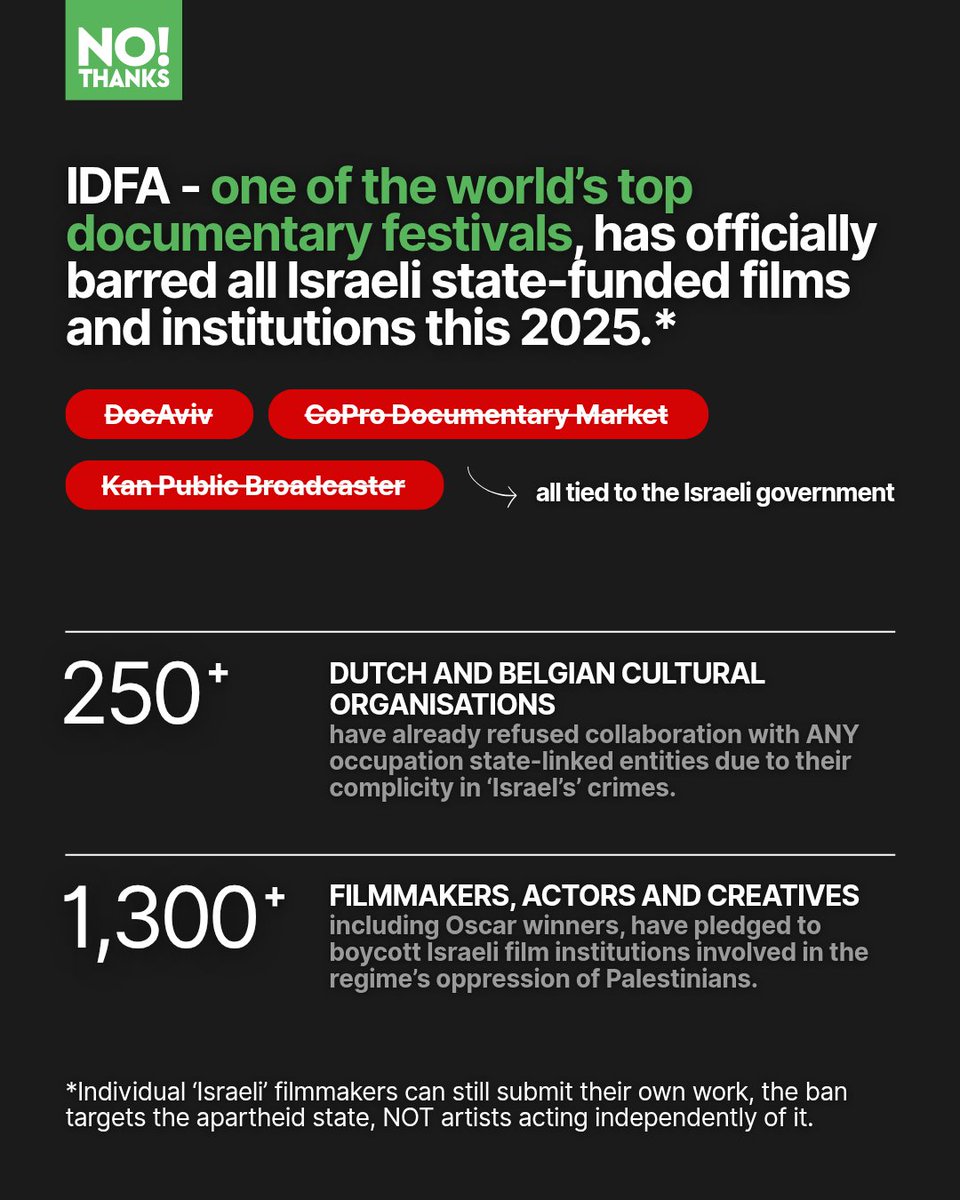 NoThanksBoycott's tweet image. 📍Amsterdam festival bans 'Israeli' films 

The same festival that in 2023 condemned the chant ‘From the river to the sea, Palestine will be free’ is now boycotting Israeli state-backed film funders.

No platform for a state built on occupation, apartheid, and the destruction of…