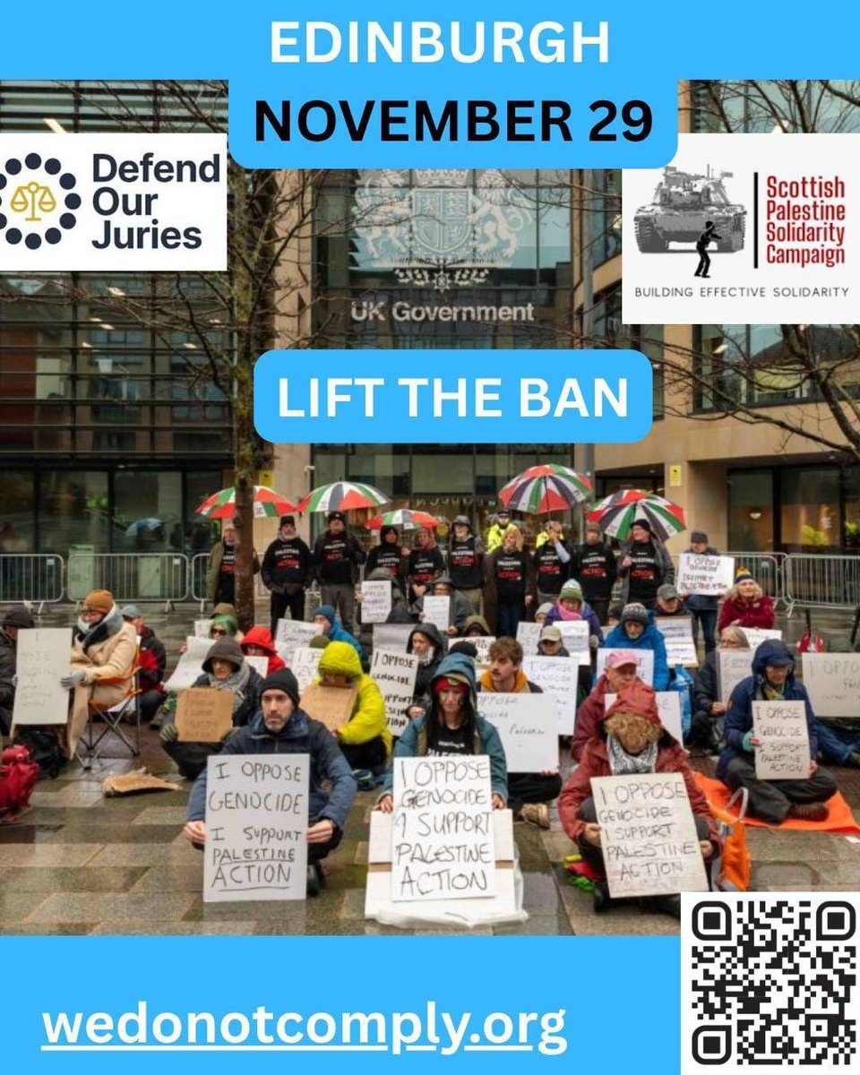 AutEdinburgh's tweet image. This Saturday 29th November
1pm Queen Elizabeth House, 1 Sibbald Walk, Edinburgh EH8 8FT  (off Royal Mile)
Oppose the proscription of Palestine Action and defend our right to take action against the genocide
More info 
defendourjuries.net/lift-the-ban
prisonersforpalestine.org