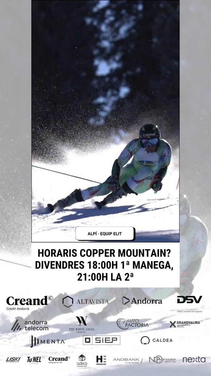 ALPÍ · A quina hora és divendres la Copa del Món de #CopperMountain amb <a href="/JoanVerdu/">Joan Verdú</a> ❓

<a href="/fisalpine/">FIS Alpine</a> #FISAlpine #WorldCupCopperMountain

INFO ✅ fae.ad/index.php?opti…