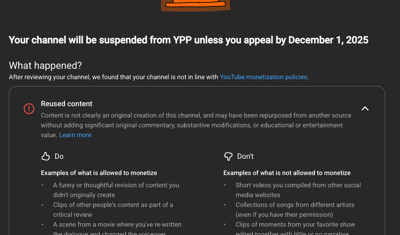 itsmattrogo's tweet photo. You really cannot make this up

AI generated scenarios generated by me, then edited by me, and posted on my shorts channel

And YouTube is STILL coming at me with "Reused content" as if I was taking it from someone else 

I had this same issue 1 year ago, and I lost monetization to a channel that had over 200k subs, it sucked (I was using submitted videos, then transforming with voiceover and editing)

Then when AI videos became a thing I thought, "Wow, we don't have to worry about reused content anymore because we don't need to transform other people's content, so there is no room for misunderstanding."

Clearly I was extremely wrong.

@YouTubeInsider @TeamYouTube would love some guidance here, since I have to submit an appeal and I am concerned at what the ACTUAL YouTube guidelines are since I am being hit with this.

Any likes and RTs would be appreciated as well ;)