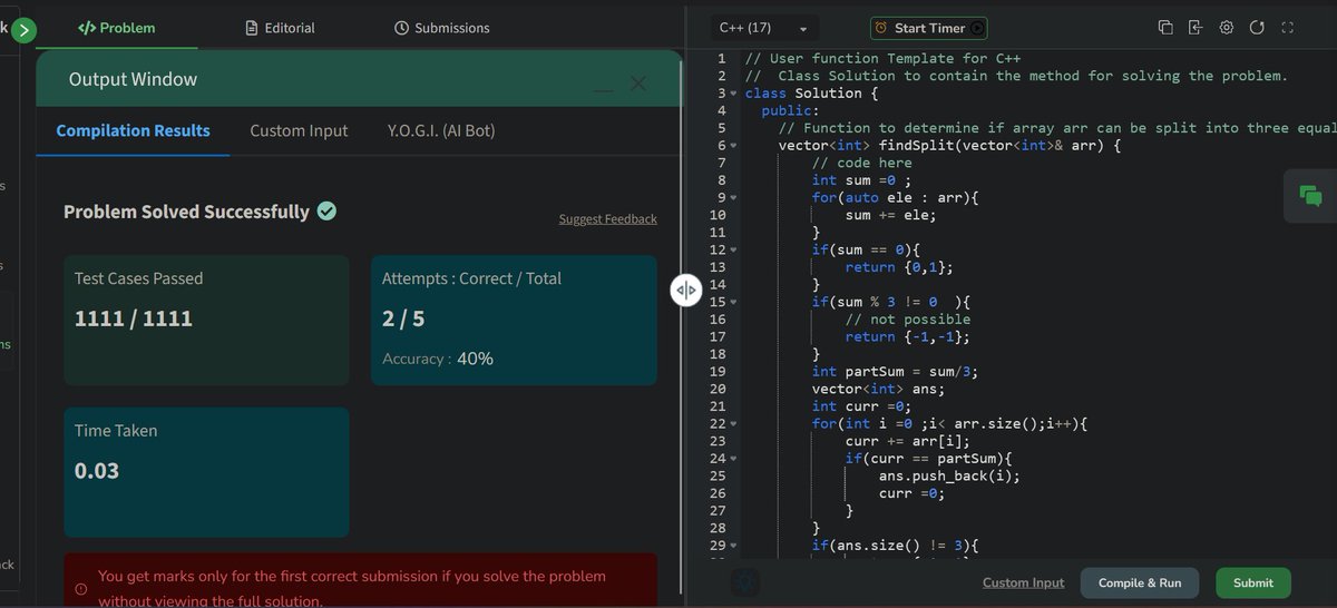 SaubanMohd42492's tweet image. Day  232 of GFG Challenge:
&quot; Split array in three equal sum subarrays&quot;

Time Complexity: O(n)
Auxiliary Space: O(1)

@geeksforgeeks #GFGChallenge  #geeksforgeeks