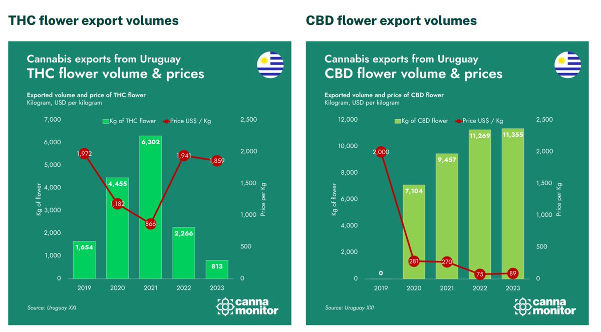 World_Data_A's tweet image. 🌱📦🚀💵🇺🇾
Uruguay’s cannabis export boom 

• Strong growth in #THC &amp;amp; #CBD flower volumes
— CBD flower exports remained above 11,000 kg in 2022–2023.
• Diverging price trends across products
— THC prices recovered after 2021, while CBD prices dropped sharply.

• #Seeds &amp;amp; #hemp…