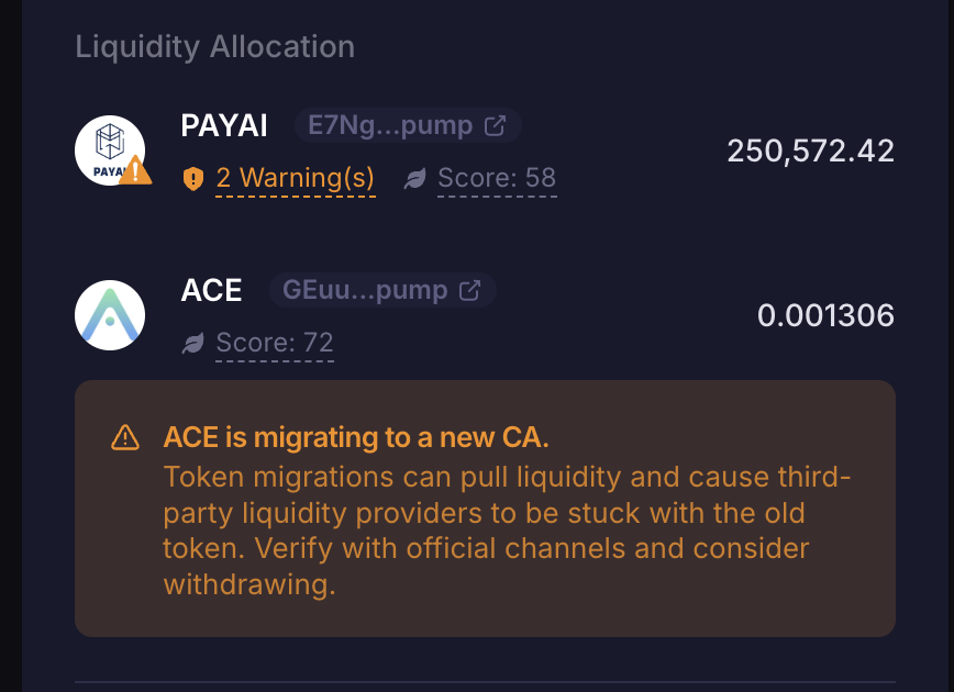MigrateFun's tweet image. In coordination with @MeteoraAG, all migrating projects will feature a warning label that a migration is taking place in the near future. 

If you are a liquidity provider for a project that is migrating we recommend to remove your position as soon as possible.