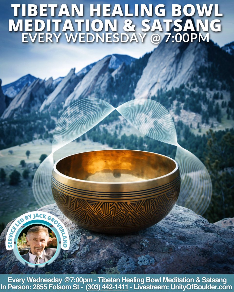 UnityBoulder's tweet image. Vibrate Higher at Unity of Boulder ✨

Need a mid-week spiritual reset? Join us every Wednesday night for a journey into sound and silence.
Experience the ancient power of Tibetan Healing Bowl Meditation, followed by Satsang—a sacred gathering for truth and community connection.